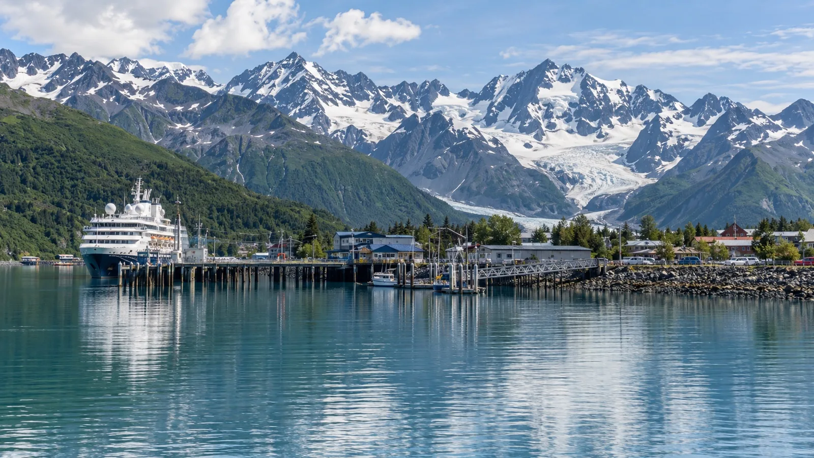 Cruise ship at the Valdez Alaska waterfront beneath Chugach Mountains