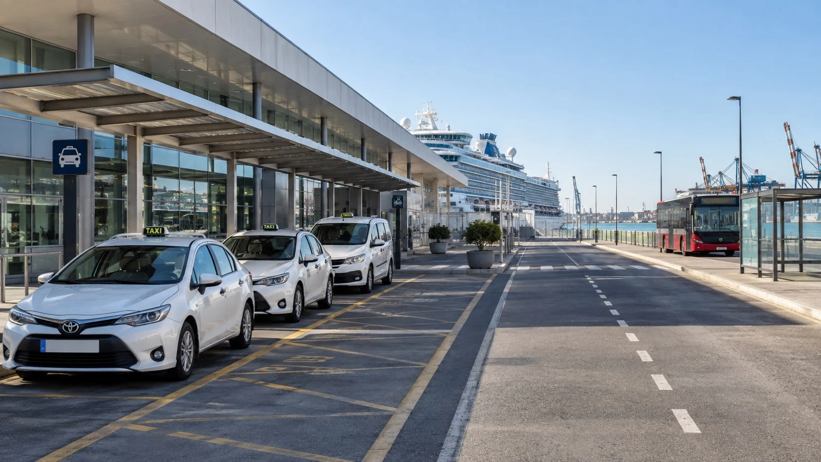 Taxis and a city bus outside Valencia’s cruise passenger terminal