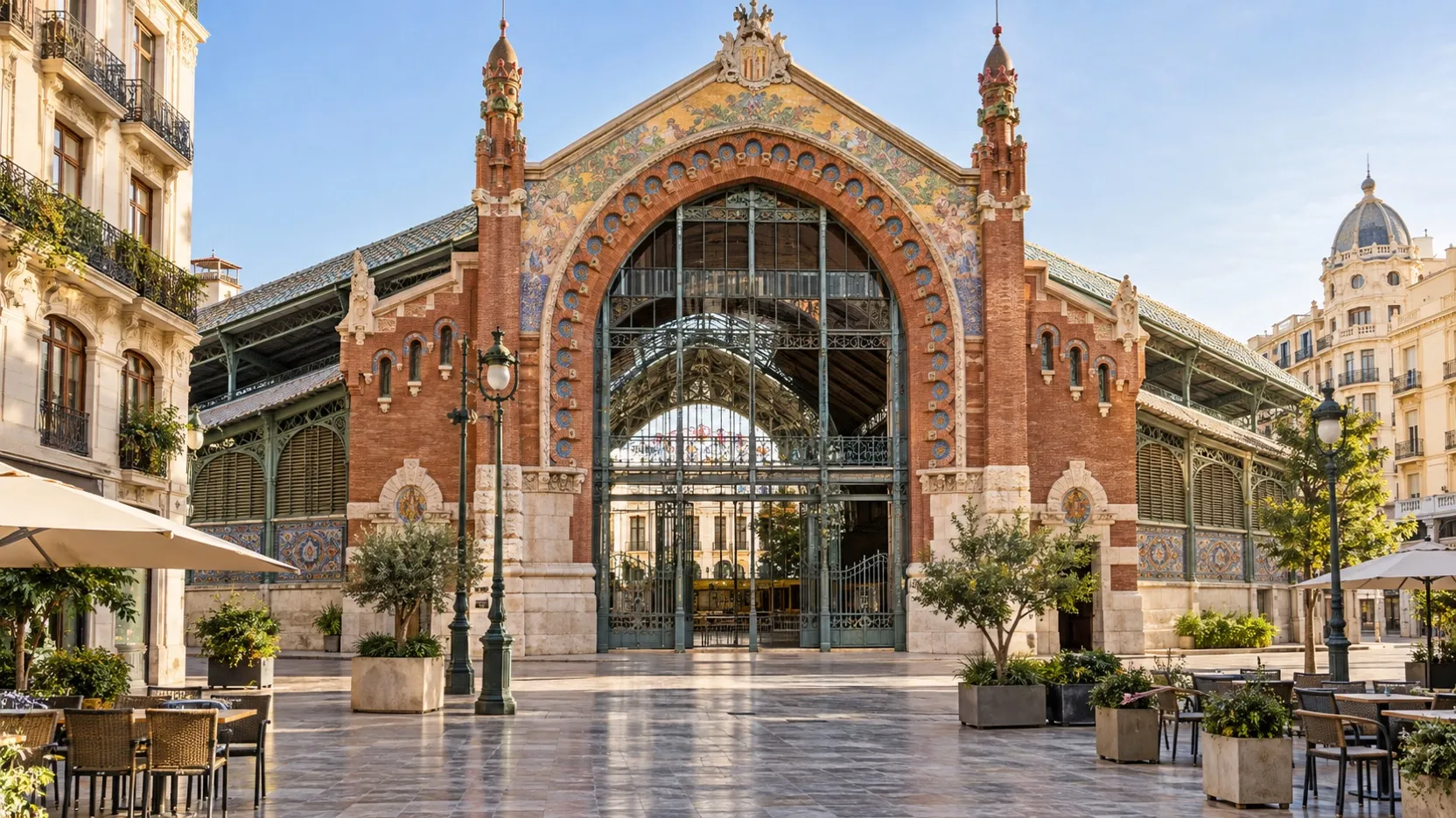 Colorful modernist facade of Mercado de Colón in Valencia