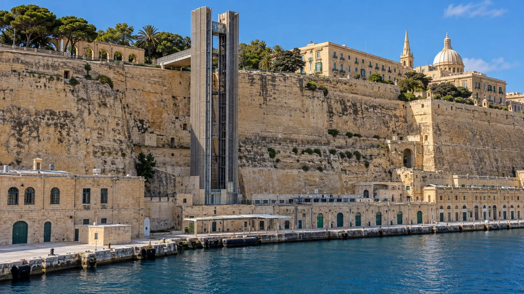 Barrakka Lift rising from Valletta’s waterfront to the Upper Barrakka Gardens