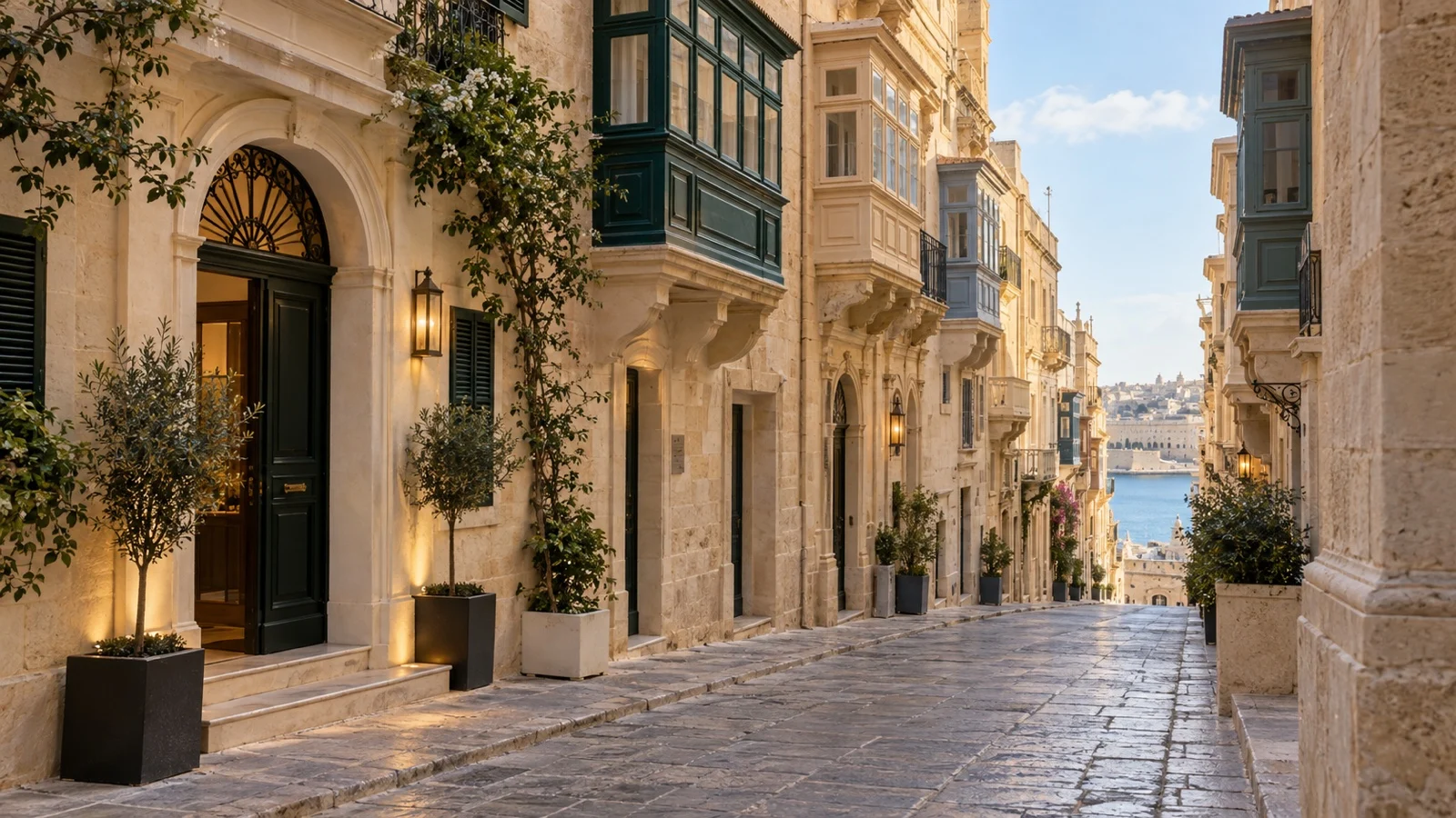 Quiet Valletta limestone street with small boutique hotel facades and traditional enclosed balconies