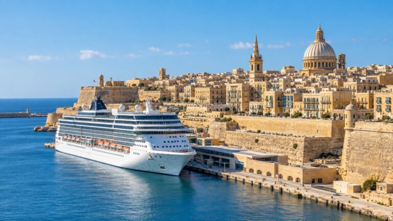 Cruise ship docked below Valletta’s fortified skyline in Malta’s Grand Harbour