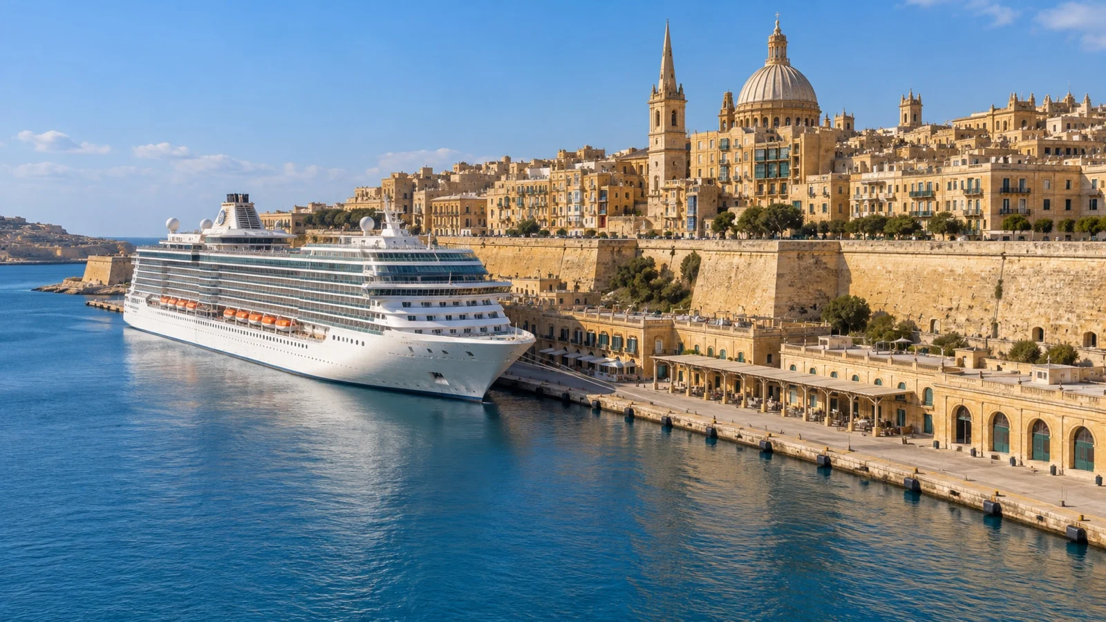 Cruise ship at the Valletta Waterfront below city walls