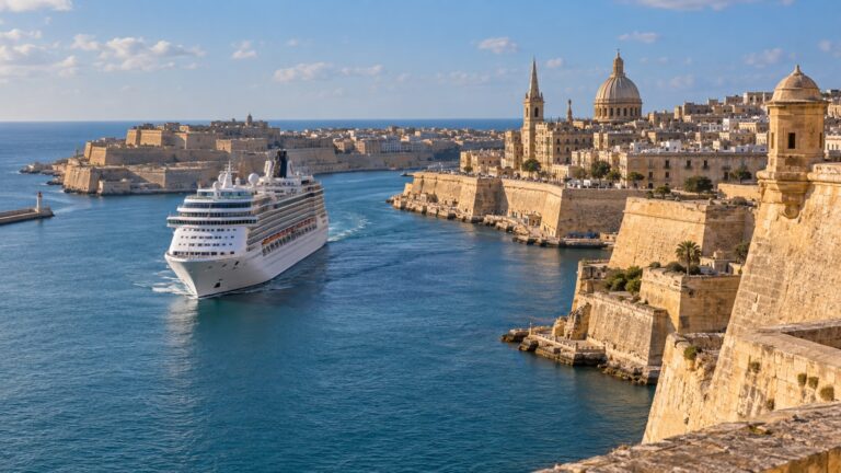 Cruise ship entering Grand Harbour below Valletta's bastions