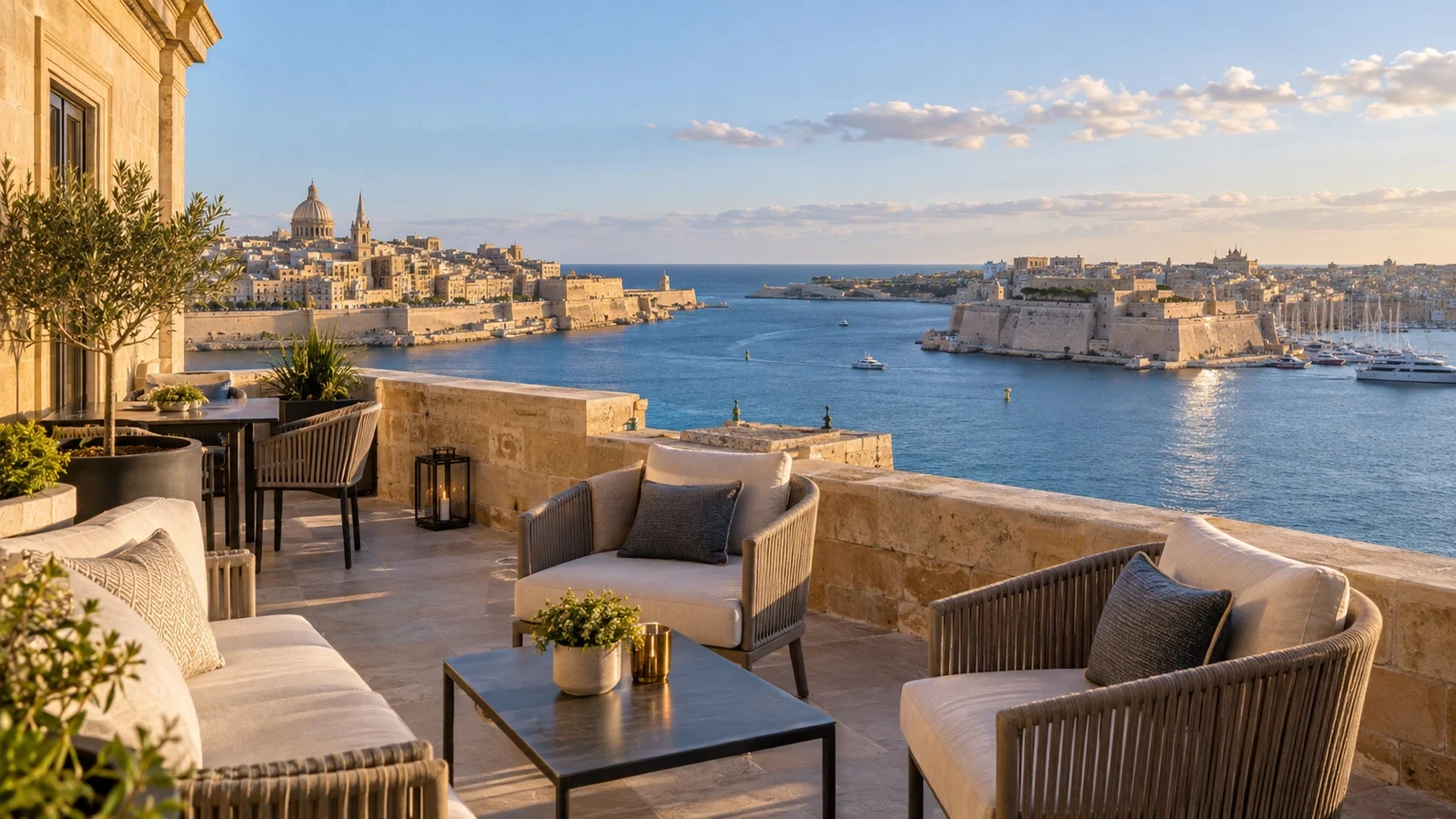 Elegant luxury hotel terrace in Valletta overlooking Grand Harbour and the Three Cities