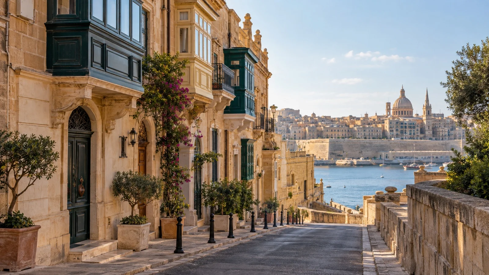 Floriana near Valletta with restored Maltese townhouses, midrange hotels and warm limestone architecture