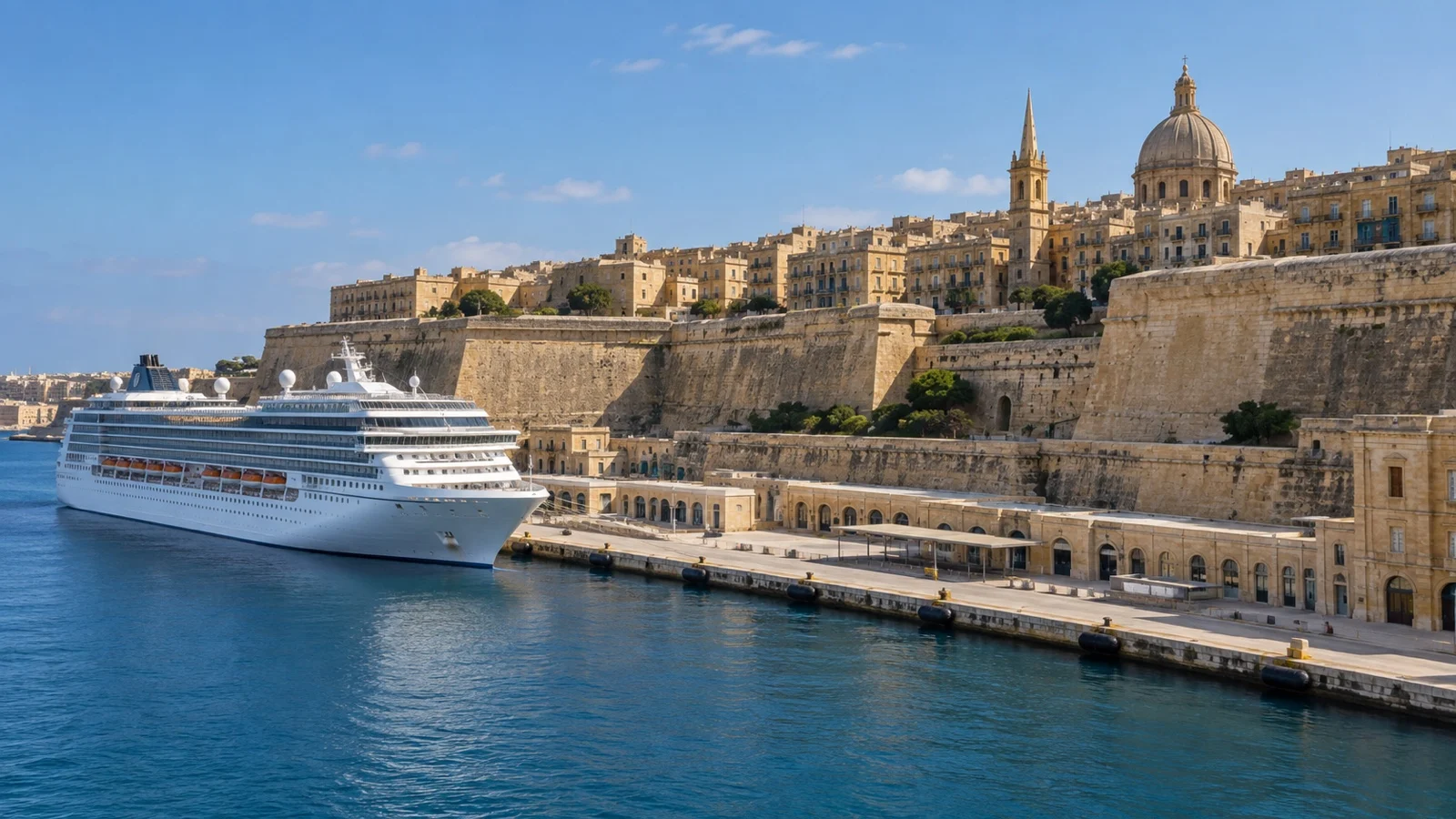 Valletta Cruise Port at Pinto Wharf with a white cruise ship docked beneath historic limestone bastions on Malta's Grand Harbour