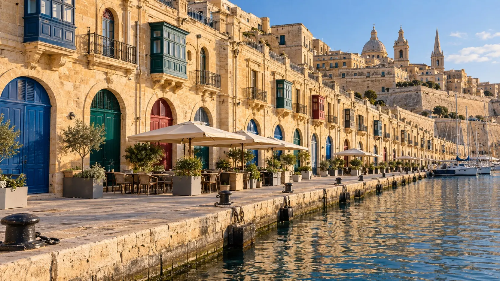 Restored limestone warehouses and empty cafe terraces along Valletta Waterfront