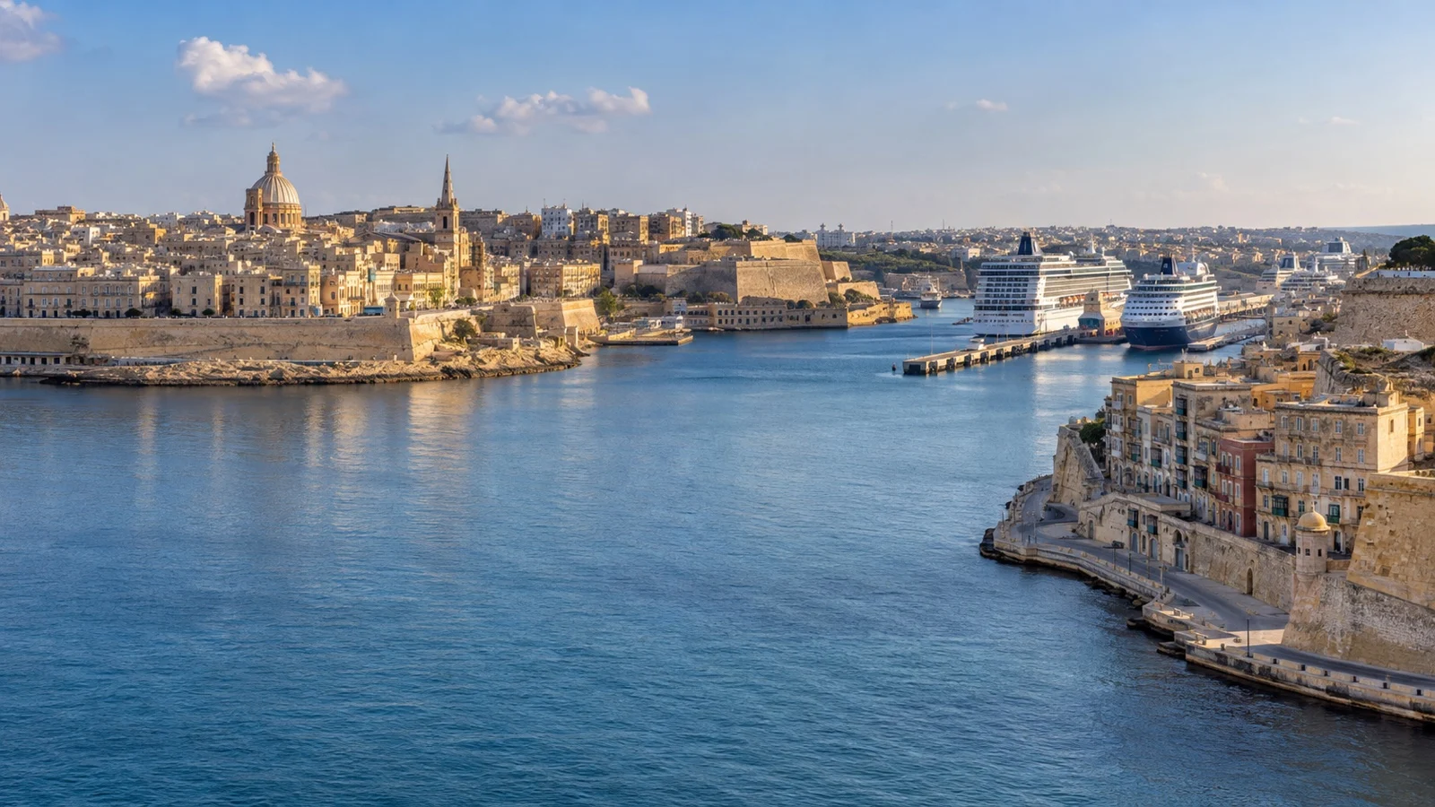 Panoramic Grand Harbour showing Valletta, Senglea waterfront hotels and cruise piers