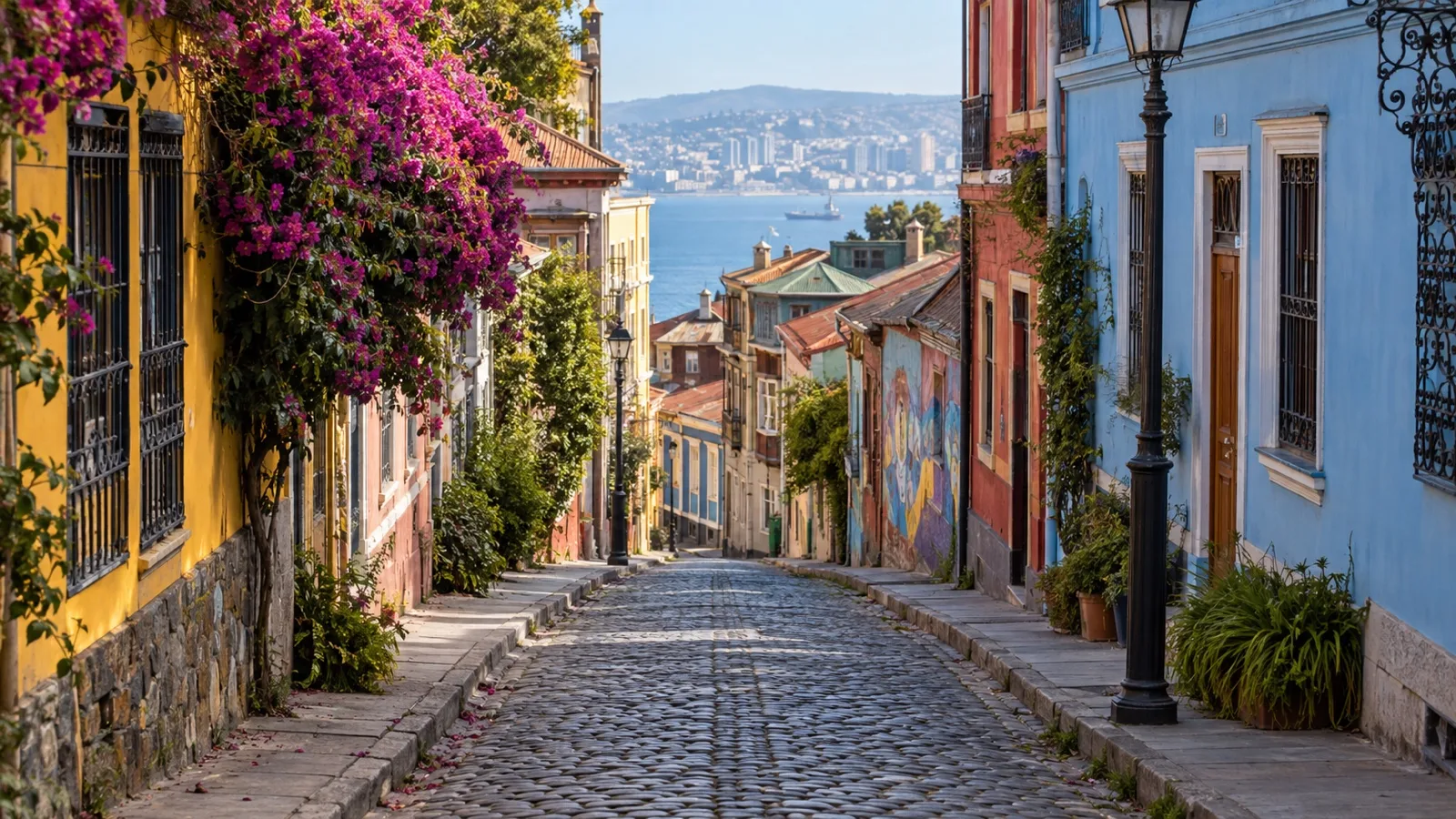Empty colorful cobbled street and hillside buildings in Cerro Alegre, Valparaíso