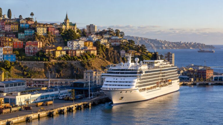 Cruise ship in Valparaíso harbor below the city’s colorful hills