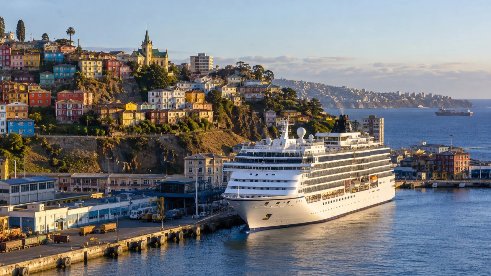 Cruise ship in Valparaíso harbor below the city’s colorful hills