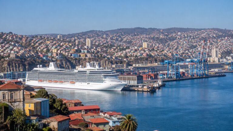 Cruise ship in Valparaíso harbor below colorful Chilean hills