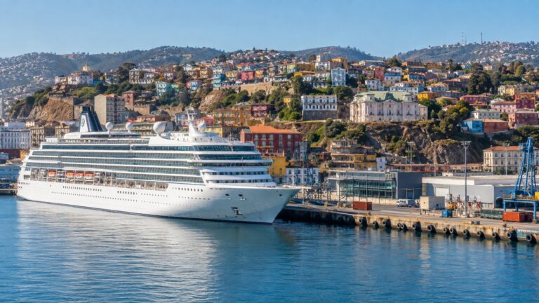 Cruise ship at Valparaíso harbor in Chile with colorful hillside houses beyond