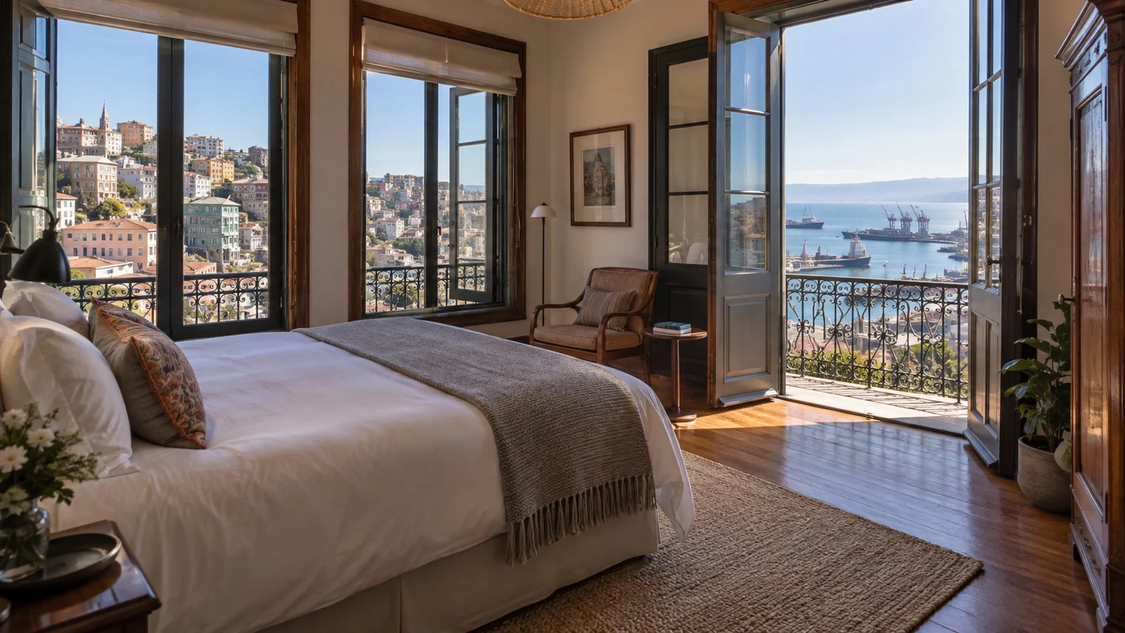 Empty unbranded boutique hotel room in Valparaíso with harbor view