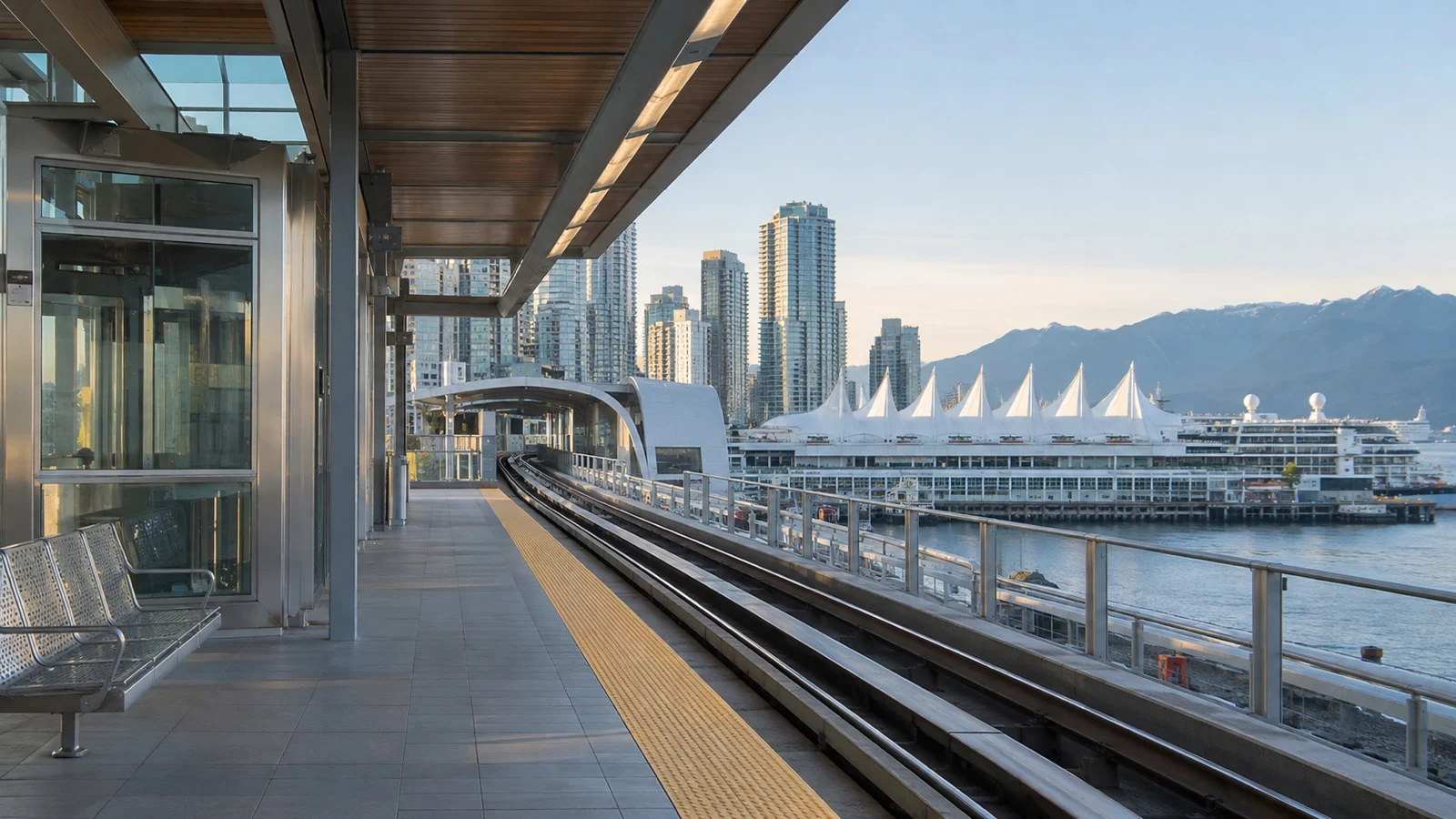 Empty Vancouver SkyTrain platform near cruise port