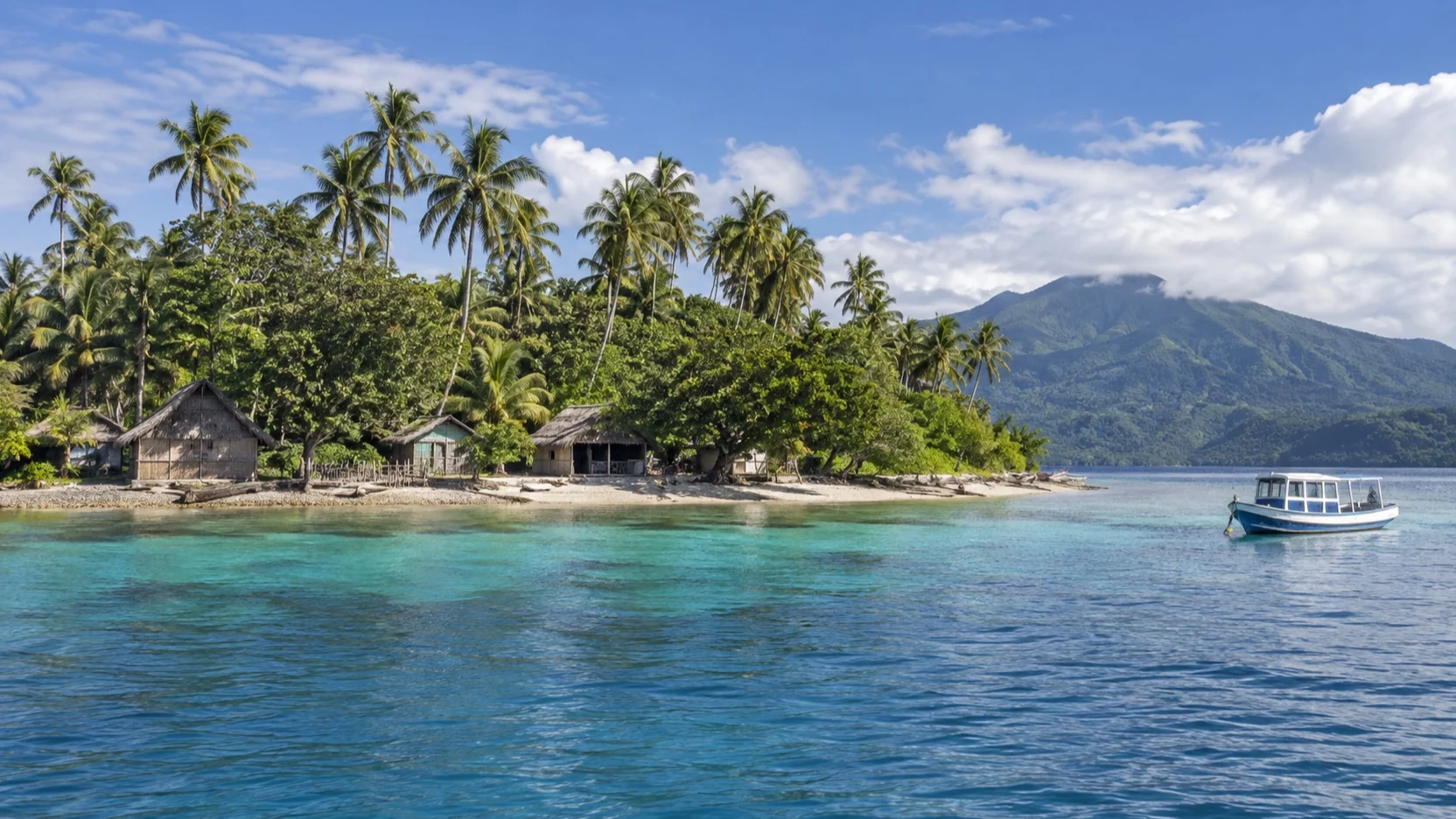 Village shoreline and tender boat at Wala Island in Vanuatu