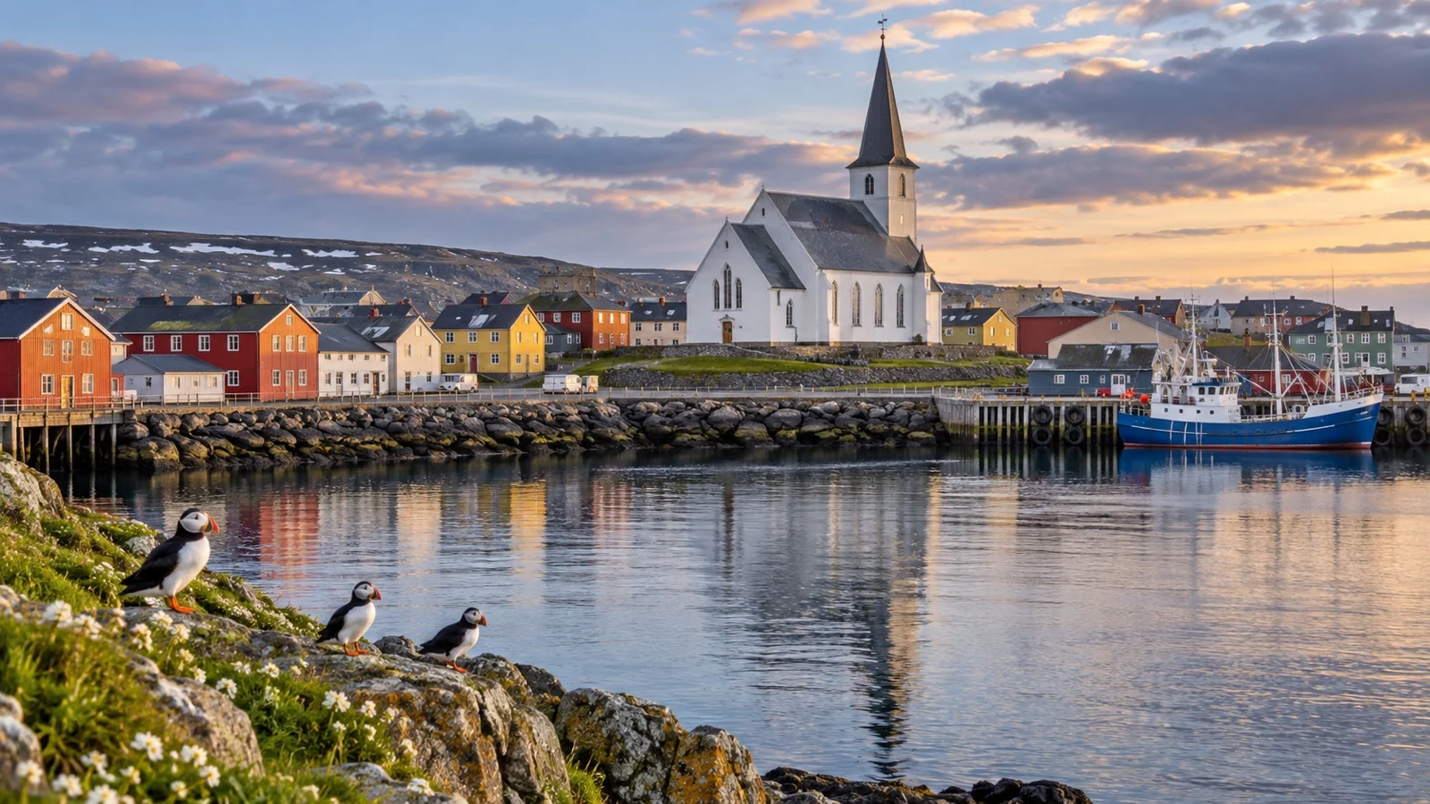 Vardø church and colorful waterfront