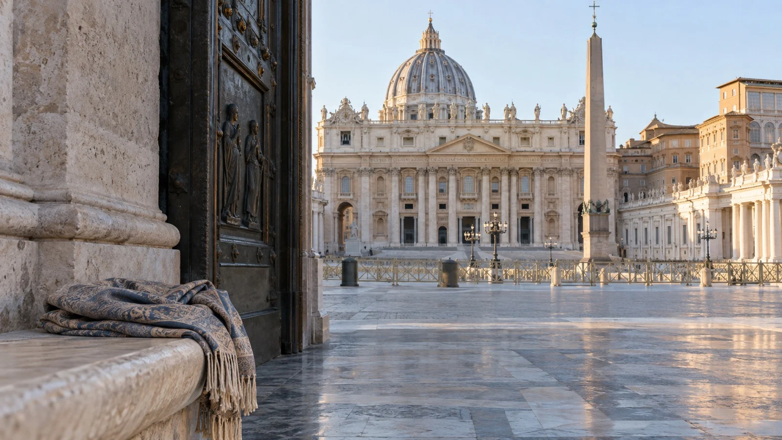 Folded scarf by empty entrance to St Peter’s Basilica in Vatican City