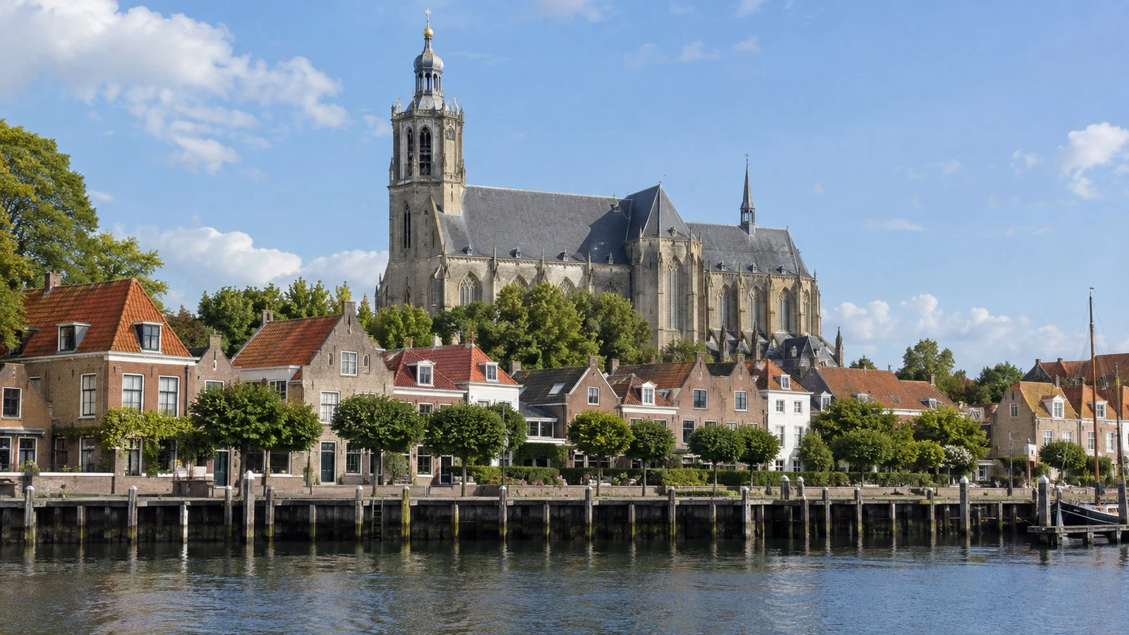 Grote Kerk large Gothic church rising above Veere rooftops