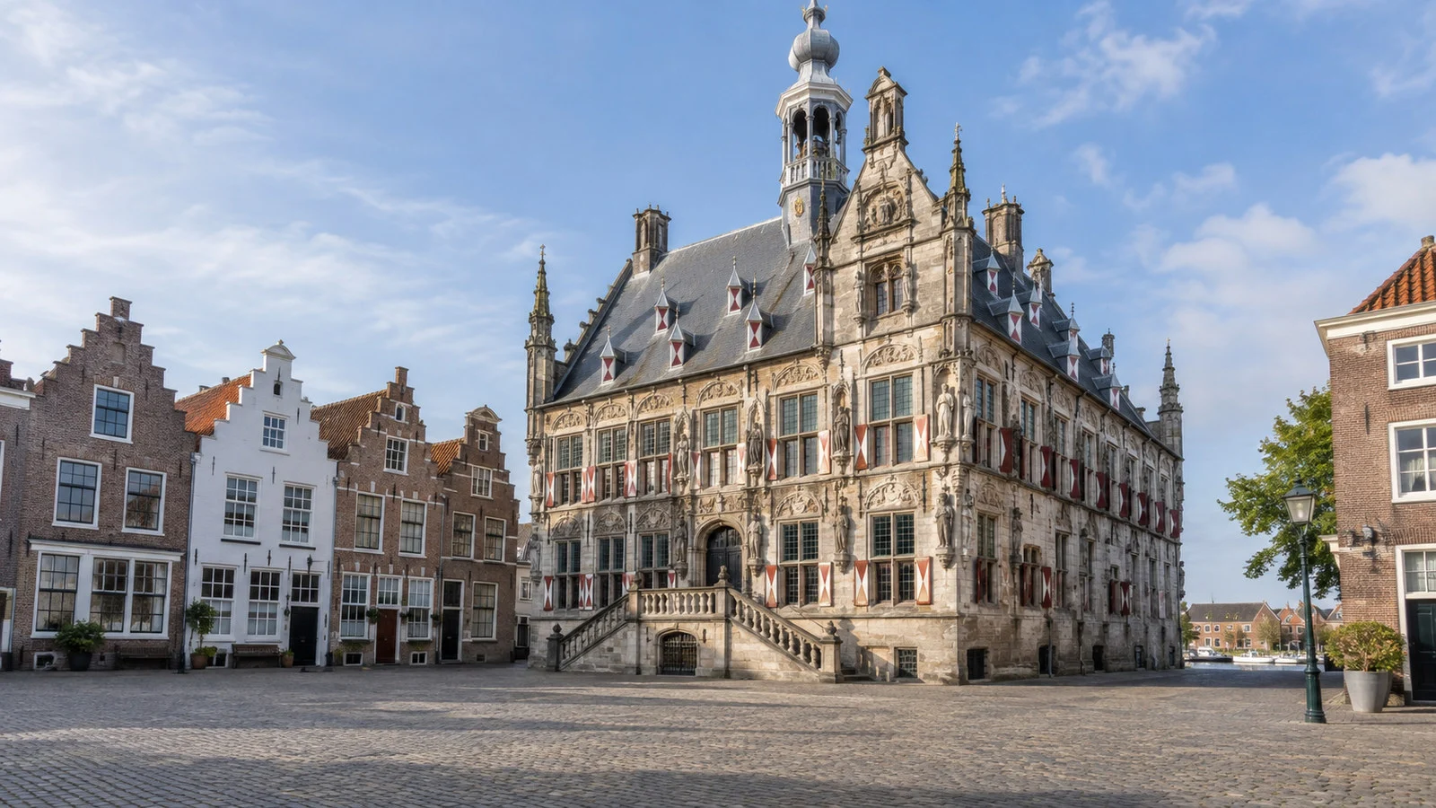 Historic Veere Town Hall ornate exterior on a quiet square