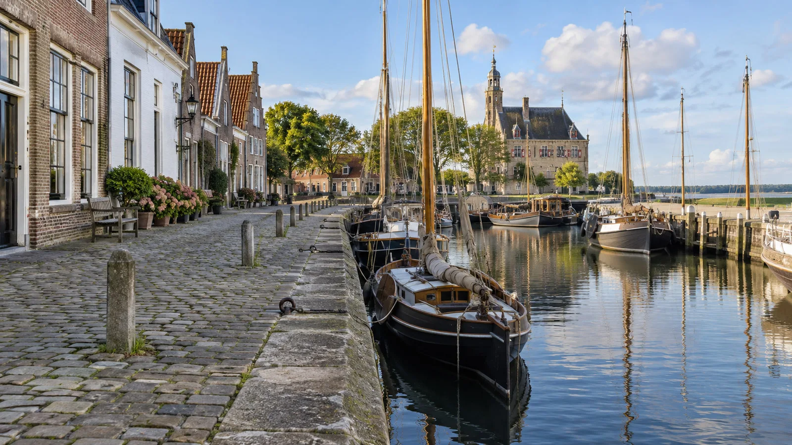 Veere cobbled streets and stone quays with traditional boats