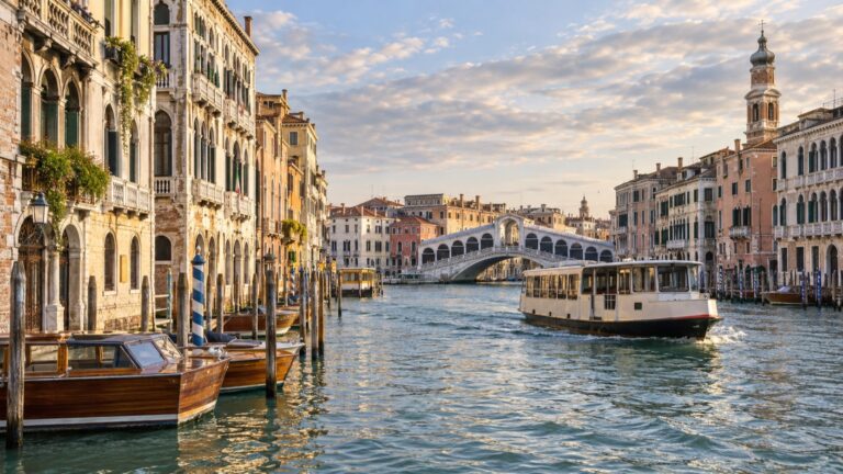 Vaporetto waterbus traveling along Venice’s Grand Canal