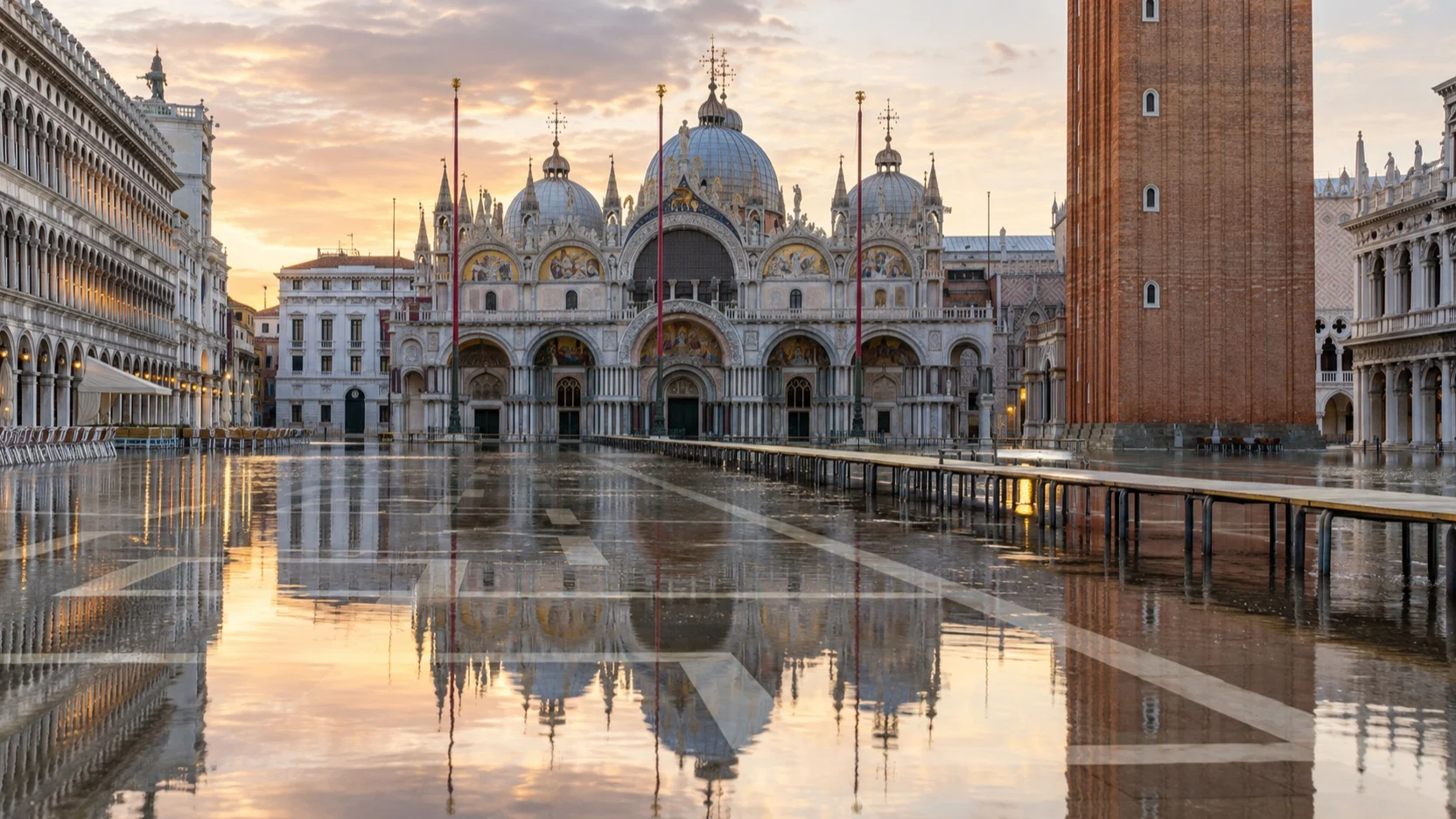 Shallow seasonal high water and raised walkways at Piazza San Marco
