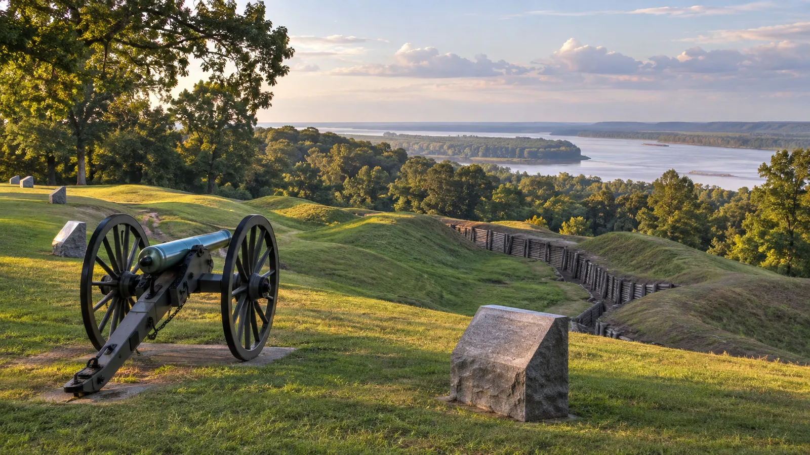 Battlefield earthworks and stone markers at Vicksburg National Military Park