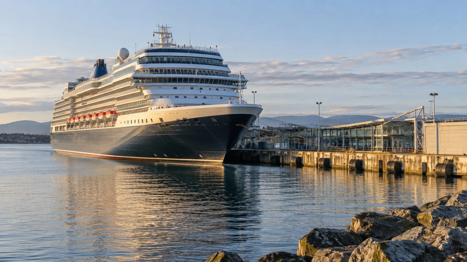 Ogden Point cruise terminal in Victoria with ship and harbor water
