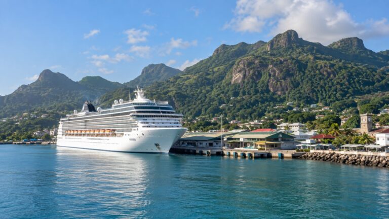 Cruise ship at Port Victoria on Mahé Island, Seychelles, with green granite mountains beyond