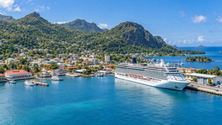 Cruise ship at Port Victoria beneath Mahé’s green hills