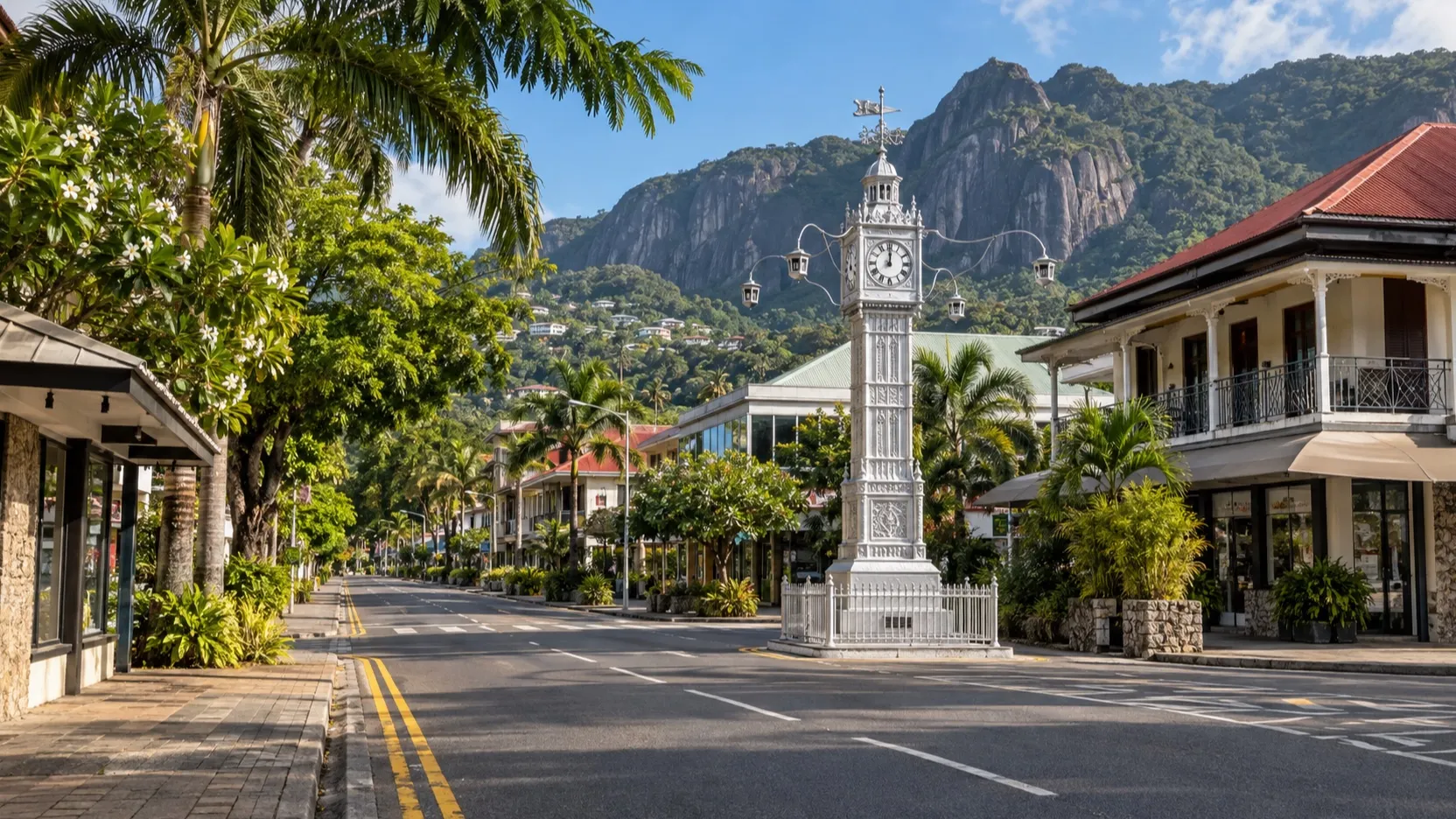 Clock tower and quiet street in central Victoria Seychelles