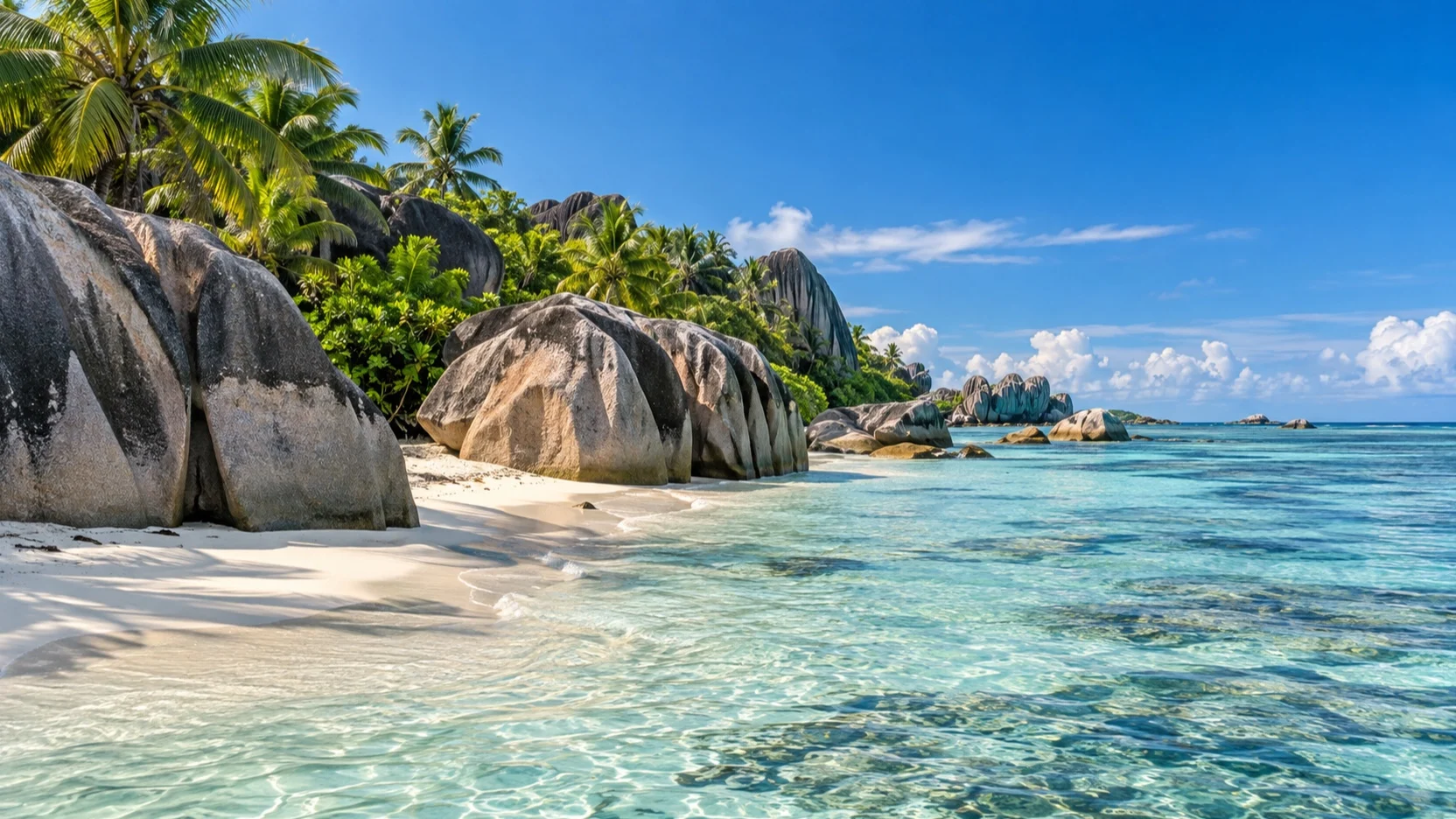 Granite boulders and clear water at La Digue’s Anse Source d’Argent