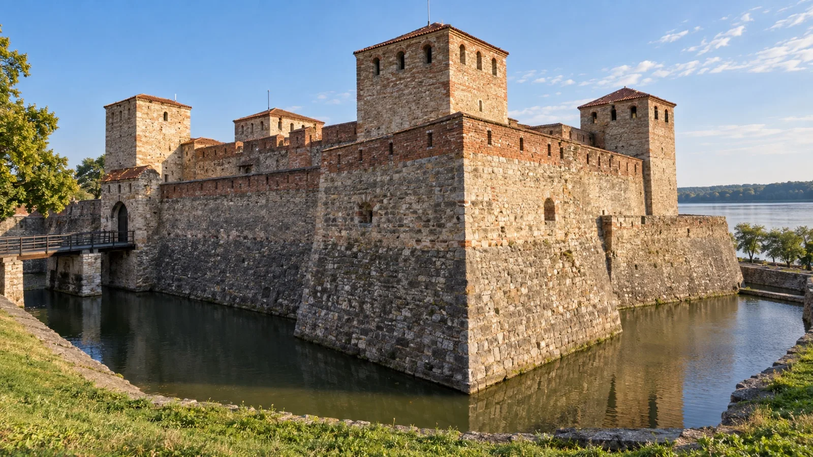 Stone walls and towers of Baba Vida Fortress beside the Danube in Vidin