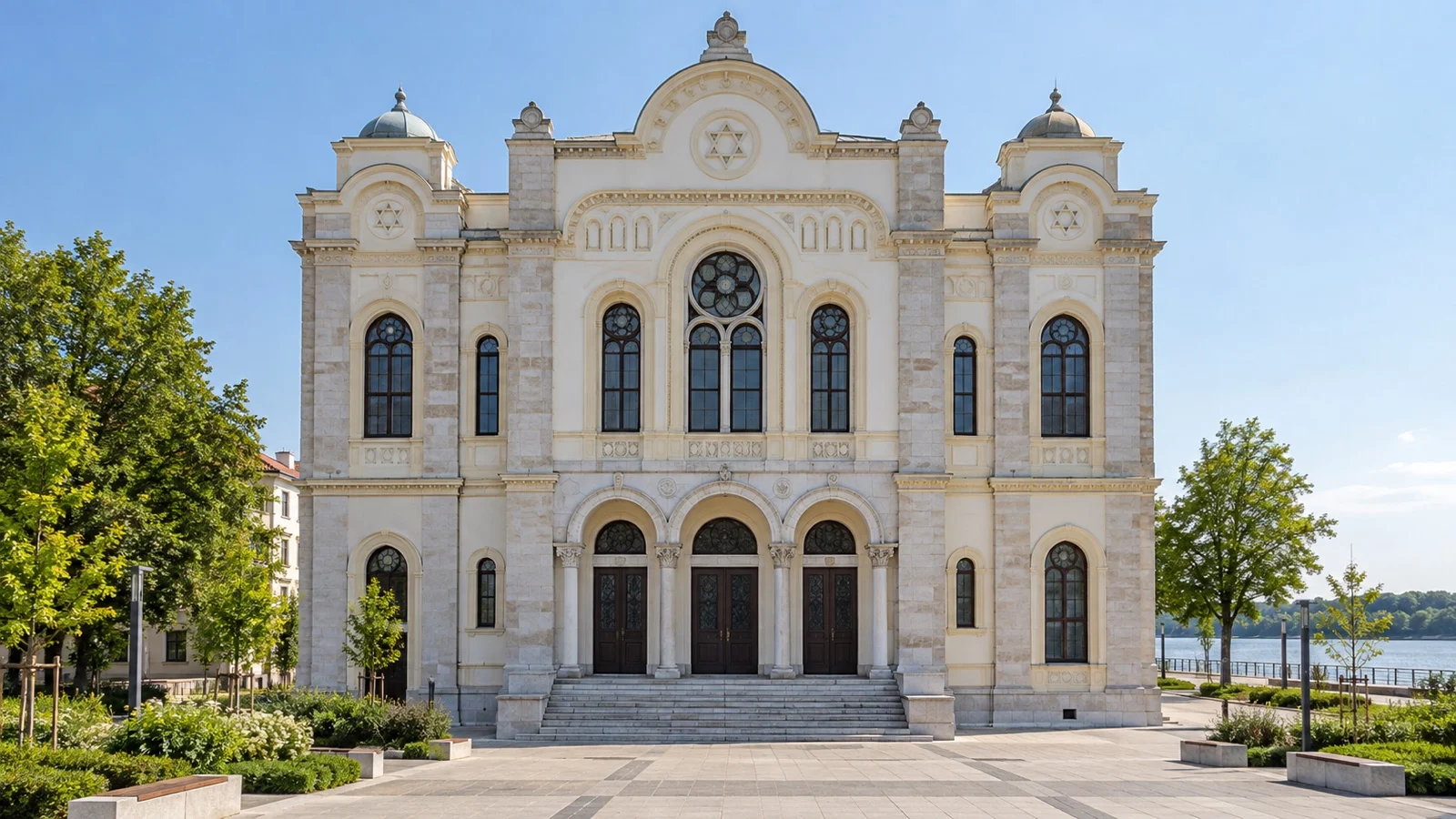 Restored synagogue facade near the Vidin waterfront