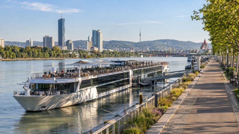 River cruise ship at Danube berth outside Vienna center