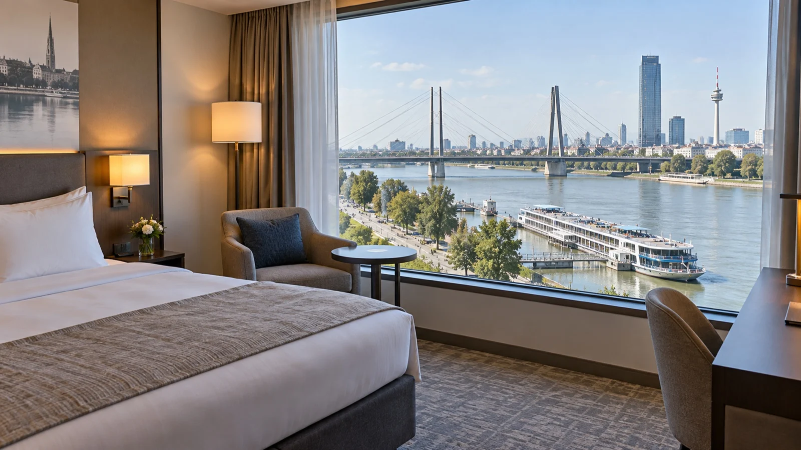 Hotel room view over Vienna Danube before a river cruise