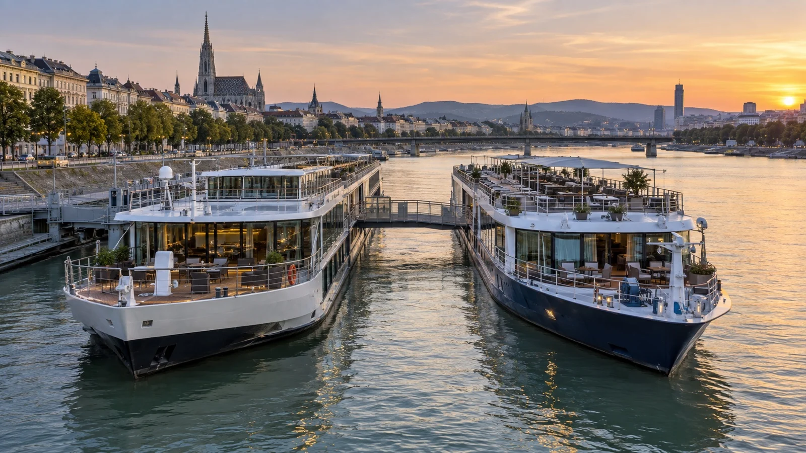 Two river cruise ships rafted at Vienna berth