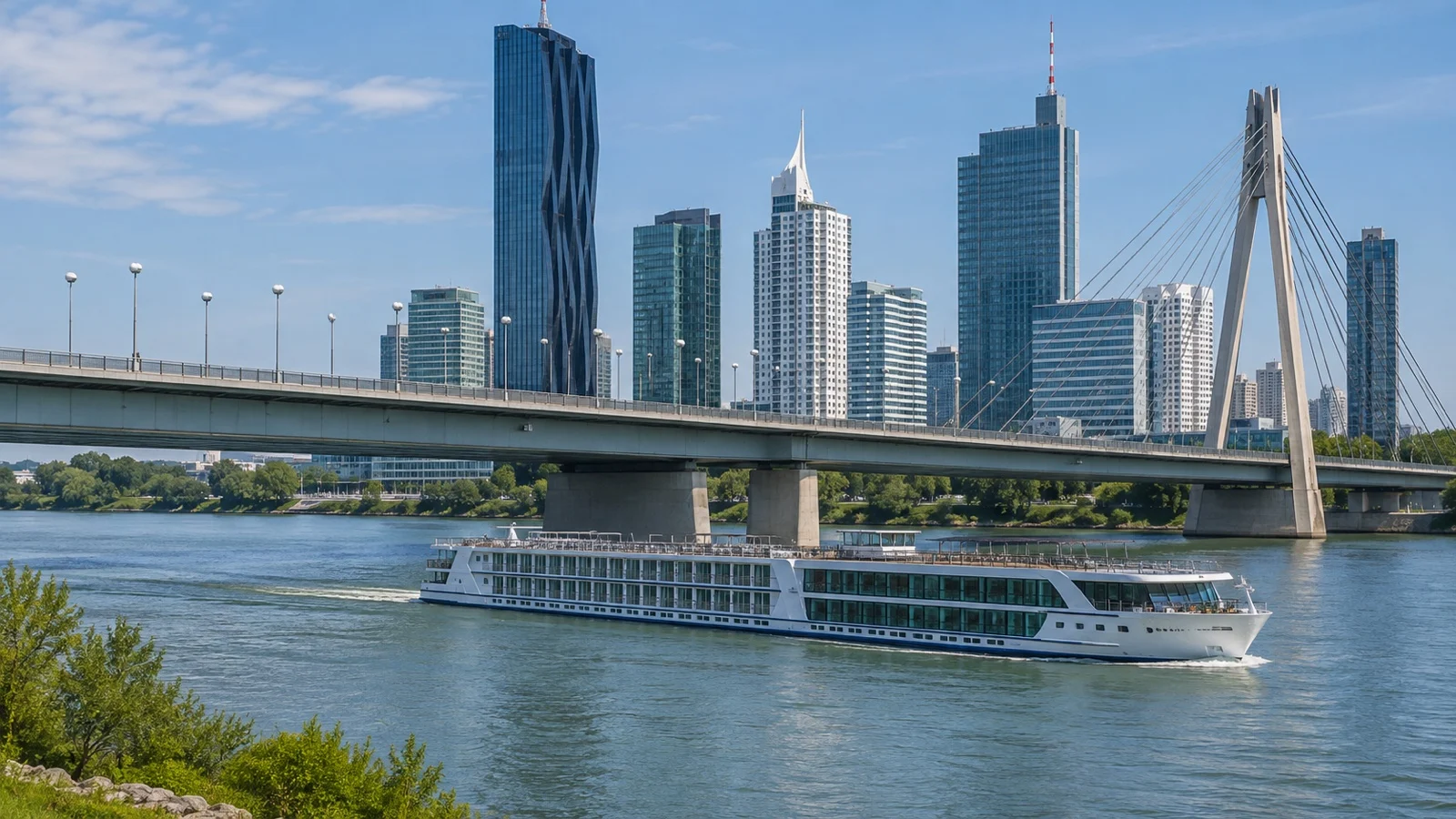 Vienna Reichsbrücke district near river-cruise berths