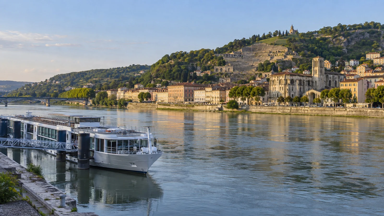 Vienne Rhône river cruise landing and city panorama