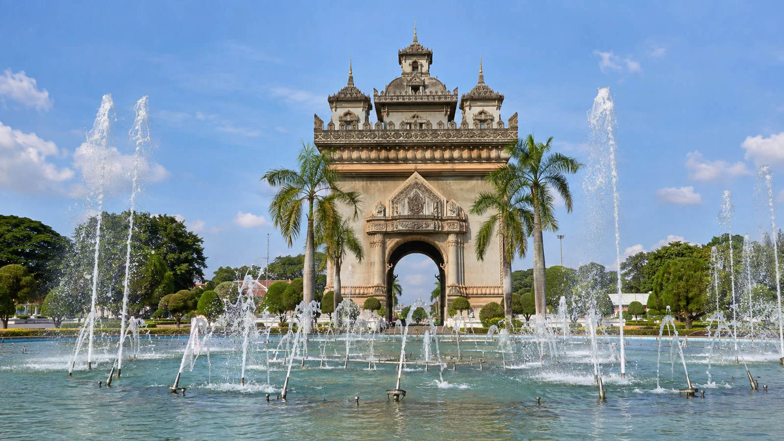 Patuxai Monument and fountain in Vientiane, Laos
