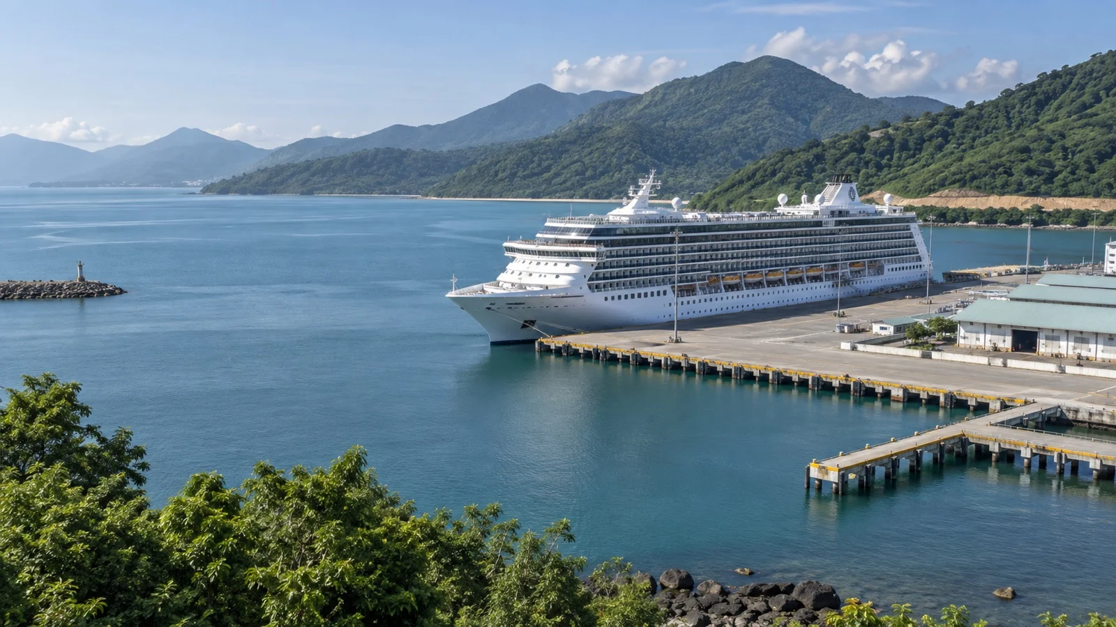 Cruise ship at Chan May harbor between green hills and the central Vietnam coast