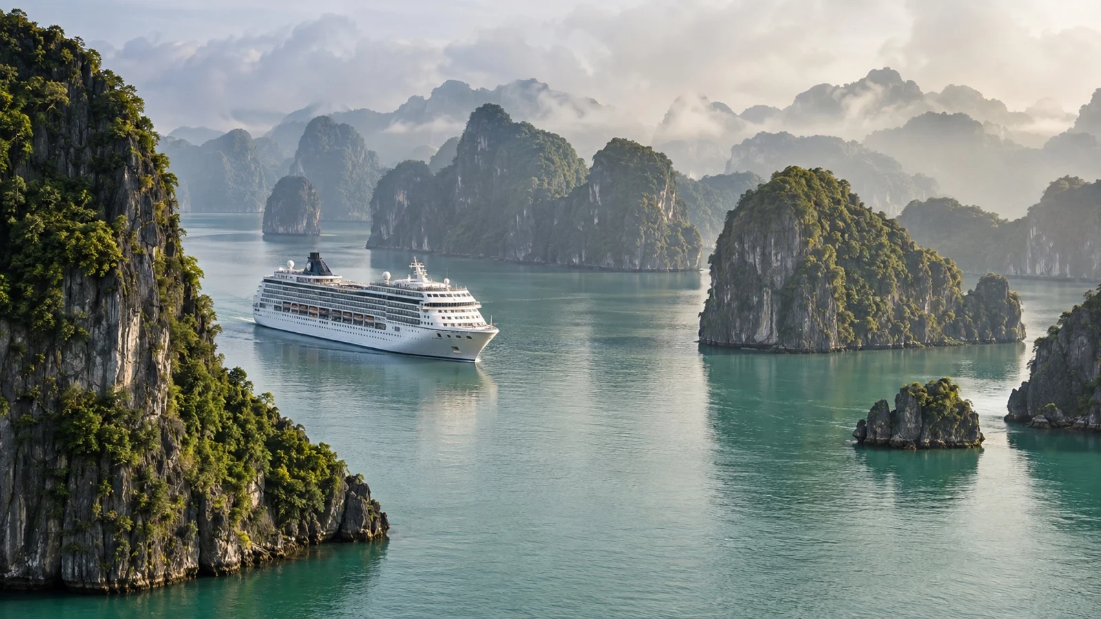 Cruise ship near Ha Long Bay's limestone islands in northern Vietnam