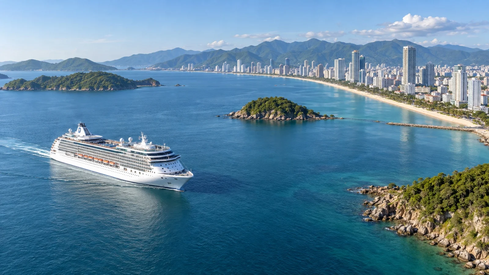 Cruise ship in Nha Trang Bay with city waterfront and nearby islands in Vietnam
