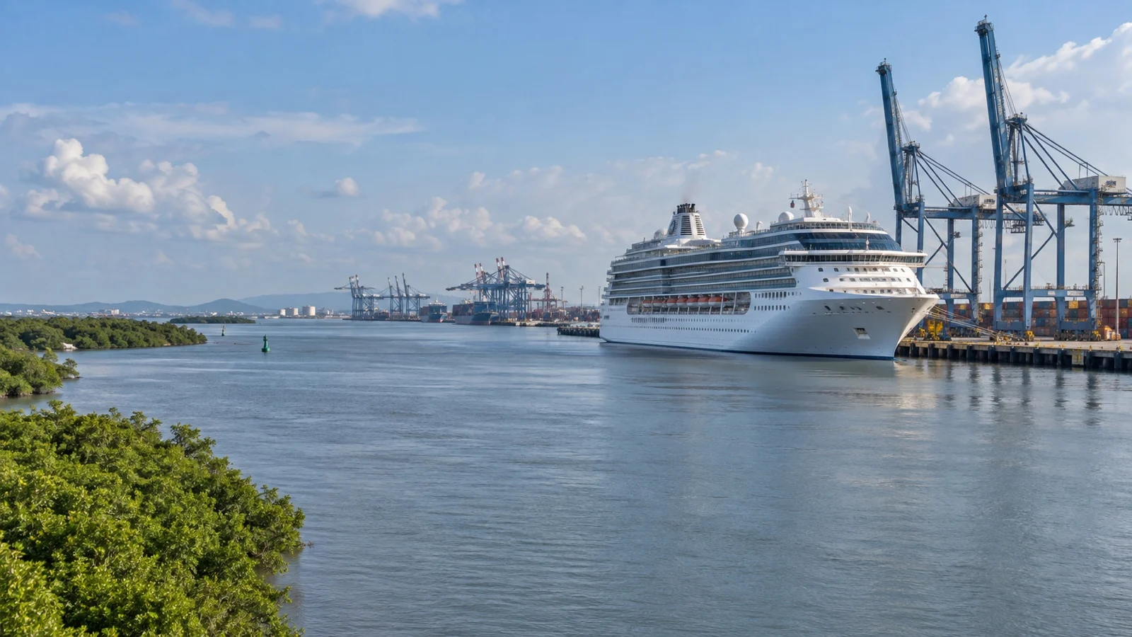 Cruise ship at Phu My port with broad river channel and low southern Vietnam coast