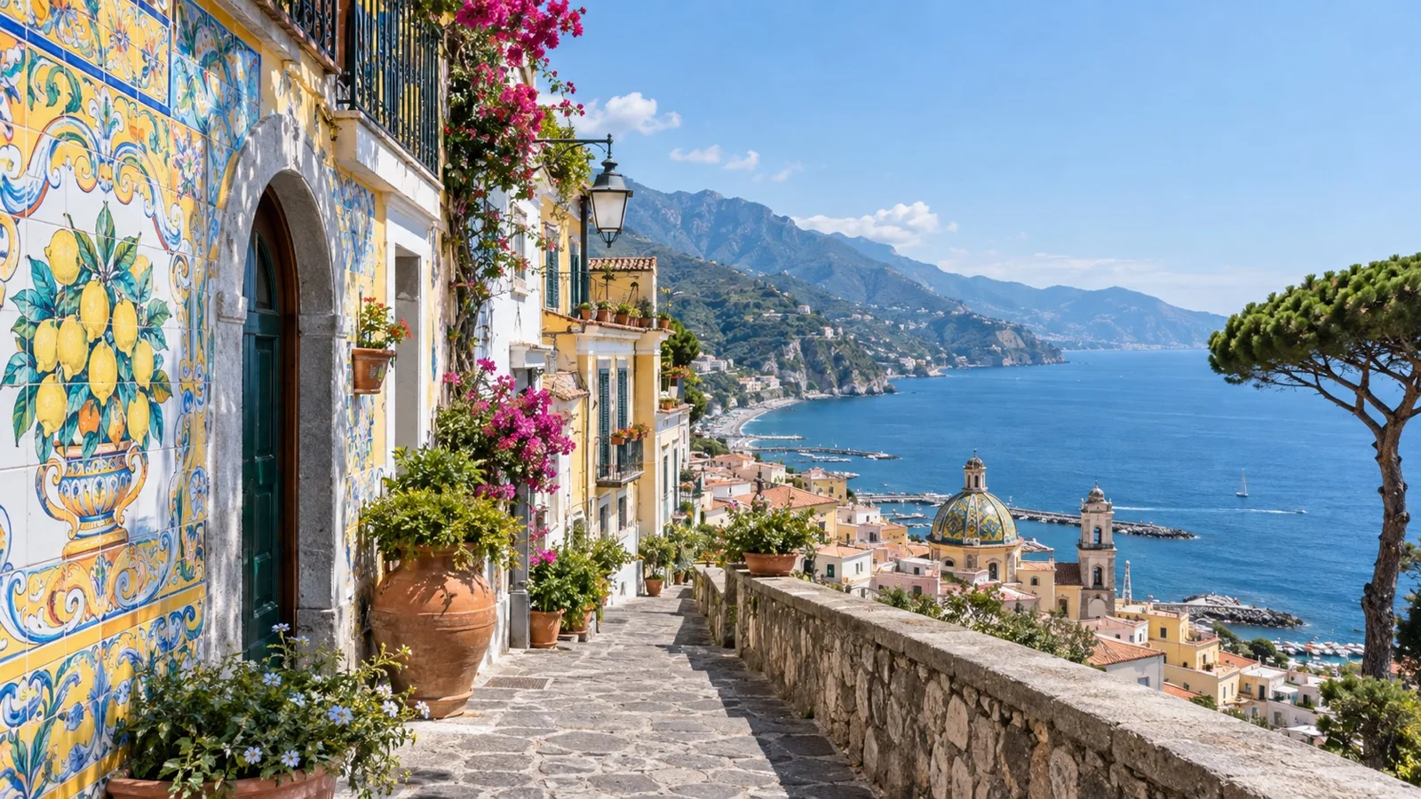 Ceramic-tiled street in Vietri sul Mare above the Tyrrhenian Sea