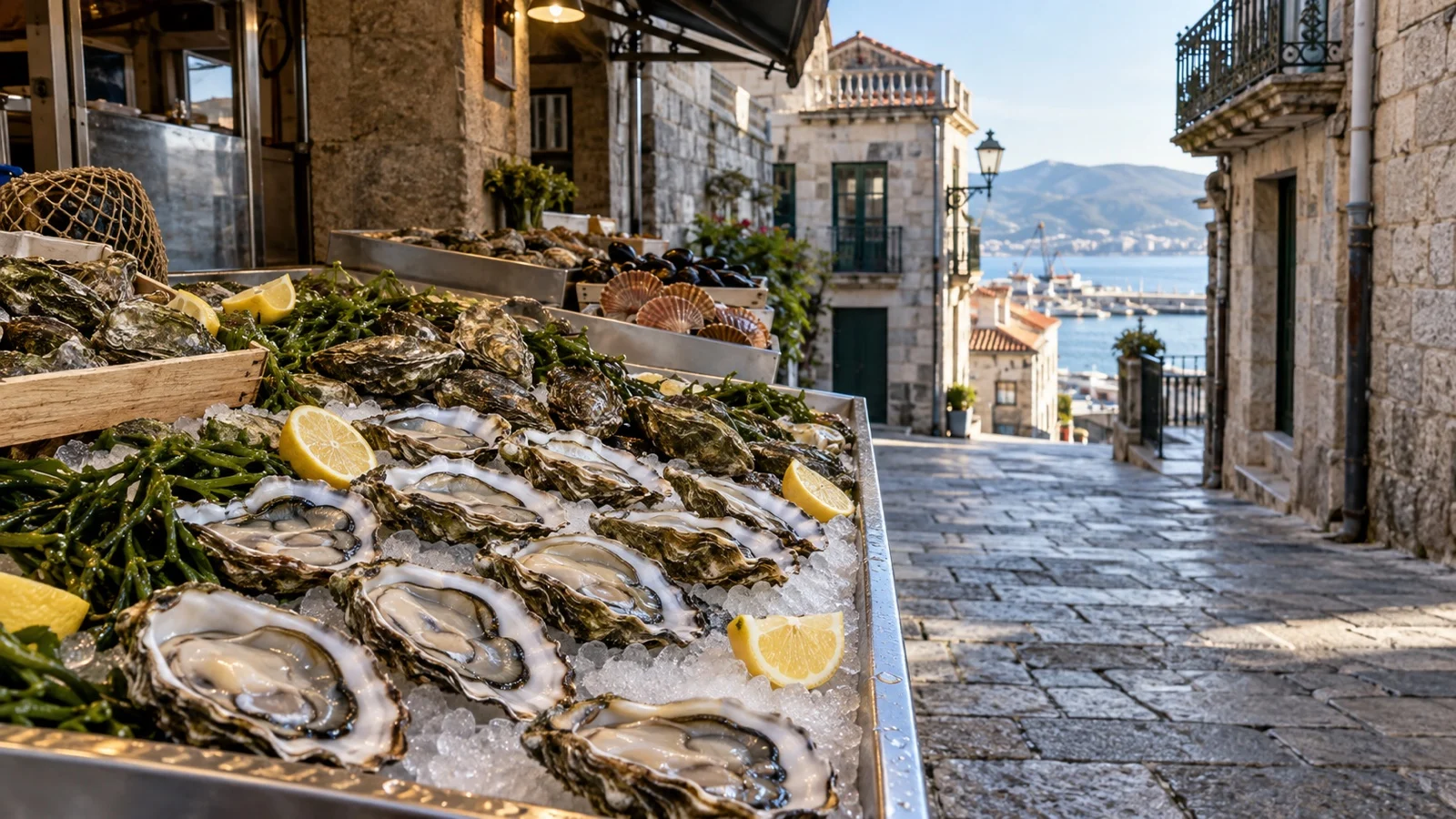 Empty seafood display in Vigo old town oyster market