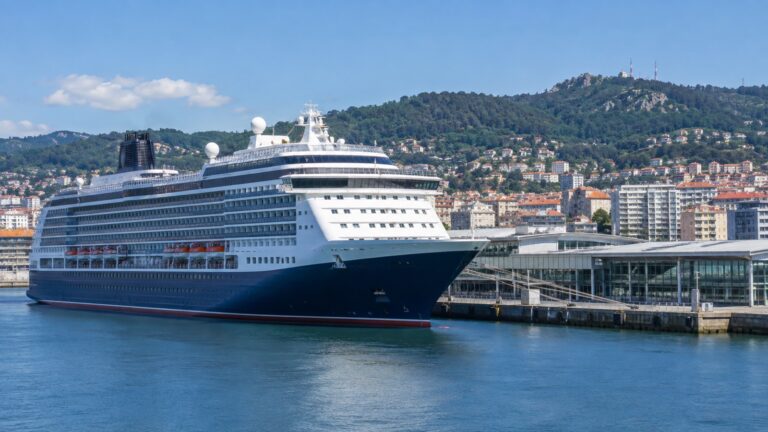 Cruise ship berthed beside Vigo city center waterfront
