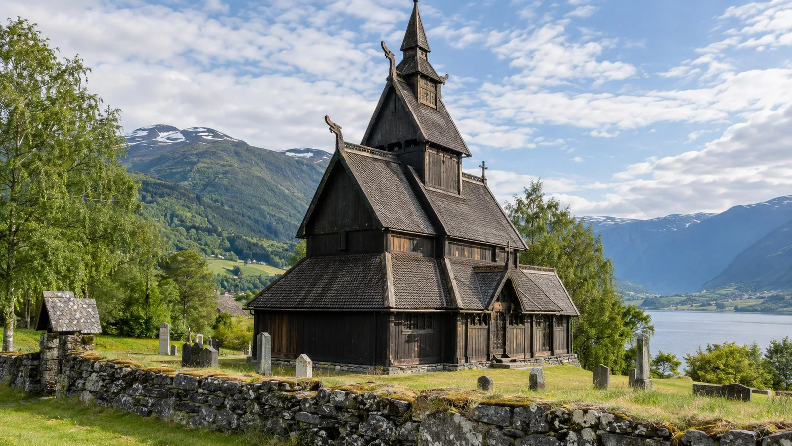 Hopperstad Stave Church near Vikoyri Norway dark timber medieval stave church with steep tiered roof, no people